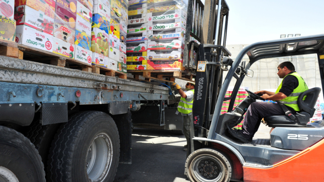 A truck carries humanitarian aid